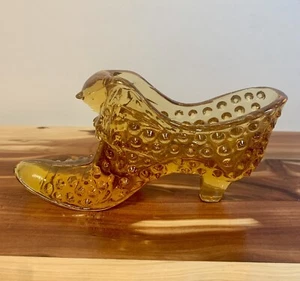 Vintage Fenton AMBER CAT HEAD Glass Shoe Slipper-Hobnail - Picture 1 of 9