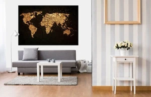 3D Black Gold Texture KE44 World Map Wall Stickers Poster Wall Murals Decals Kay - Picture 1 of 10