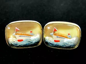 Vintage ANSON Maritim Reverse Glas bemalt Motorboot Manschettenknöpfe UNIKAT! - Bild 1 von 5