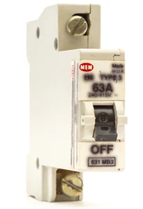MEM BILL 631MB3 63 AMP 63A TYPE 3 M6 MCB CIRCUIT BREAKER SINGLE POLE 631MC - Picture 1 of 6