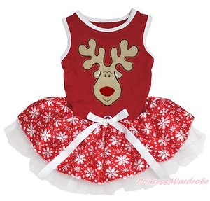 Christmas Reindeer Red Top White Snowflakes Skirt One Piece Cat Dog Pet Dress - Picture 1 of 1