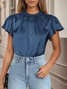 Women's Blouses Dressy 2025 Summer Short Sleeve Ruffle Satin Work Office Attire - Picture 1 of 13