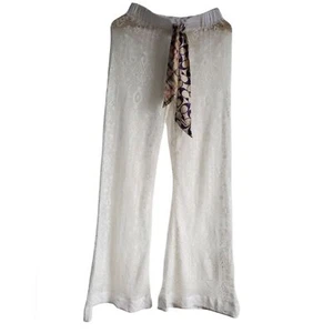 Crochet Lace Flare Pants w Multicoloted Coach Scarf Belt Women's Size M Ivory - Picture 1 of 13