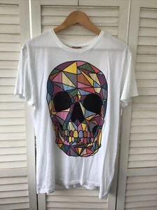 Camiseta HEY REILLY Calavera Blanca Top Colorido Abstracto Delantero Trasero Talla L Algodón - Imagen 1 de 10