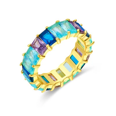 Anillo Eternidad Arco Iris Corte Esmeralda Piedras Preciosas Multicolor Chapado en Oro 14K Foto 1 de 4