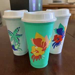 Lote de 3 vasos reutilizables de plástico Starbucks Tropical Beach Palmeras 16 OZ - Imagen 1 de 2