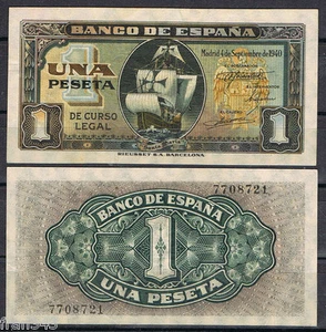 1 PESETA SEPTIEMBRE 1940 CARABELA Sin Serie SC- AUNC SPAIN Pick 122 - Imagen 1 de 1