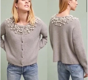 Anthropologie Moth Pearl Cardigan Sweater Taupe Gray Wool Alpaca Blend Boxy Sz L - Picture 1 of 16