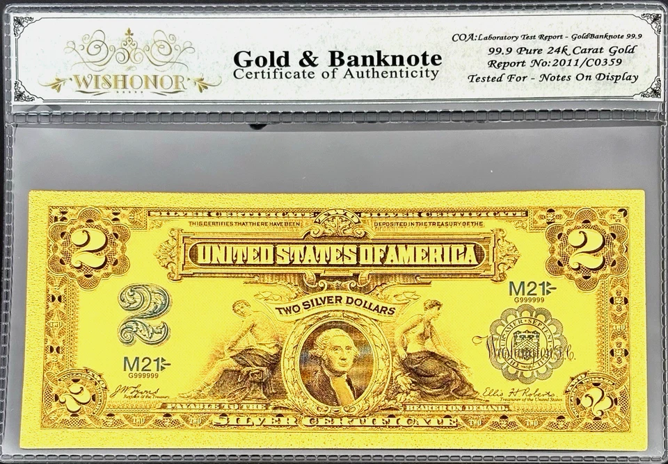 1899 $2 SILVER CERTIFICATE BILL US BANKNOTE WITH COA SLEEVE 99.9% 24K GOLD - Image 1 of 4