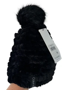 Calvin Klein Black Faux Fur Pom Pom Beanie NWT - Picture 1 of 4