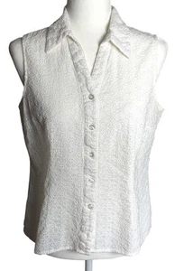 Autograph Eyelet Shirt White Button Up Sleeveless Classic Summer Top Womens L - Picture 1 of 10