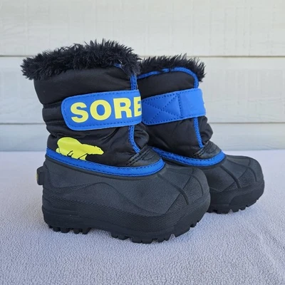 Sorel Snow Commander 学步儿童 尺寸 7 有内衬雪地靴 冬季 蓝色 黑色 钩环 — 第 1/4 张图片