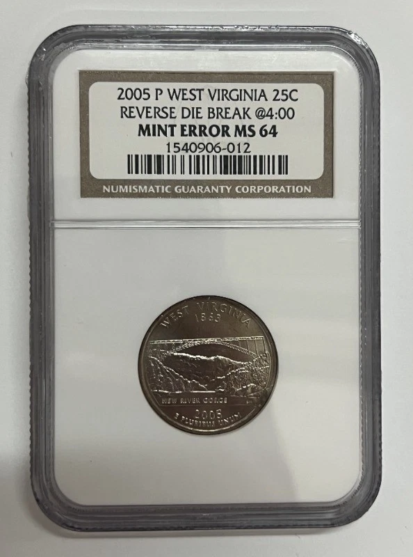 2005-P West Virginia State Quarter Reverse Die Break @4:00 NGC MS64 Mint Error - Image 1 of 4
