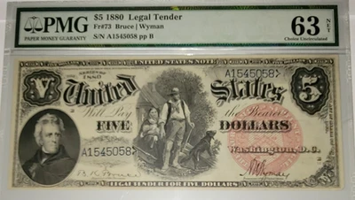 1880 PMG CU 63 $5 LEGAL TENDER Sig COMBO Bruce-Wyman, Fr # 73 Serial # A1545058 - Image 1 of 3
