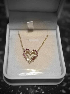 100% REAL Rubies and Diamonds In Heart-shape Pendant with 14k Gold 17" Necklace  - Picture 1 of 5