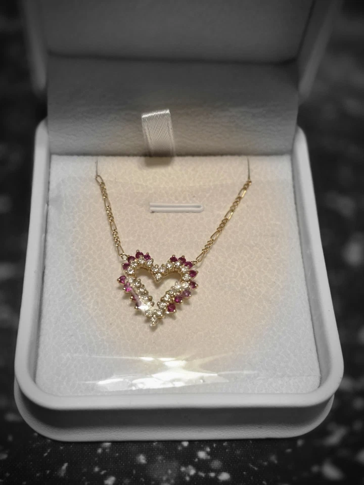 100% REAL Rubies and Diamonds In Heart-shape Pendant with 14k Gold 17" Necklace  - Image 1 of 4