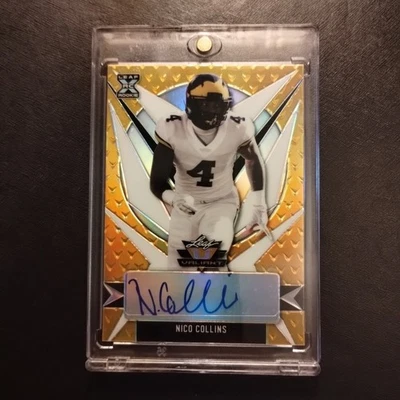 #10/10 Nico Collins Yellow Gold Rookie Auto 2021 Leaf Valiant Texans Michigan - Image 1 of 2