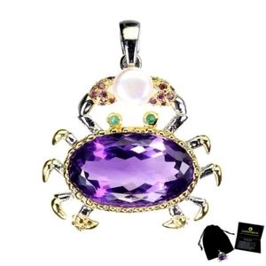 925 Sterling Silver Pendant Amethyst 23ct Pearl Crab Jewelry Handmade - Afbeelding 1 van 13