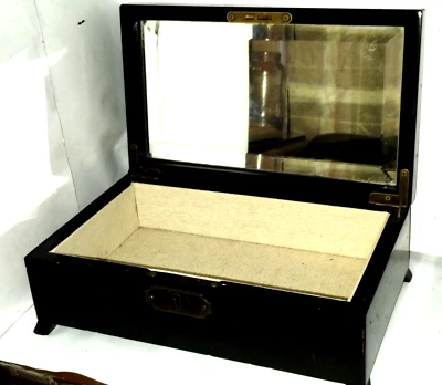 Vintage Pottery Barn Box Brass Hardware Lined Beveled Mirror Black No Key - Image 1 of 4