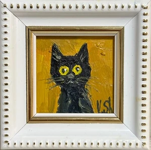 FRAMED Funny Black Cat Original Oil Painting Portrait  Pet  Animal Signed Art - Picture 1 of 7