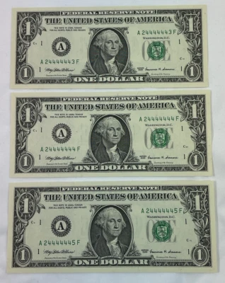 Series 1999 $1 FRN Fancy Serial Number 7 - 4's in a Row 24444444, Also 43 & 45 - Image 1 of 2