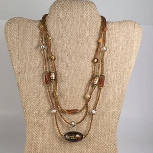 Vintage Art Glass Bead Necklace Amber Color Foiled Orange Clear Triple Strand - Picture 1 of 4