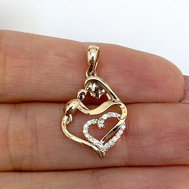 Colgante Corazón Madre Niño Rosa Amarillo Blanco Oro 10k Diamante Natural 0.10CTW Foto 1 de 4
