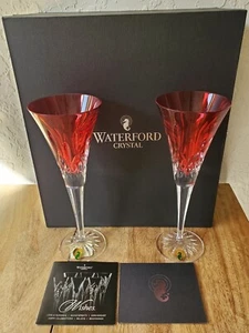 New WATERFORD Crystal Glasses CRIMSON RED  Champagne Wine Flutes 2pc & Case Box - Picture 1 of 12