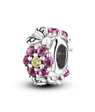 💖 Daisy Flower  In Purple Stone Silver bee Charm Genuine S925 Silver 💖