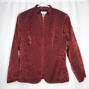 Laura Ashley Satin Jacket Women Petite Medium Red Metallic Textured Floral Zip - Picture 1 of 7