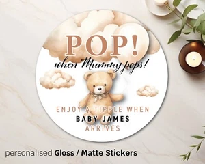 Personalised Baby Shower POP when Mum Pops Teddy bear Stickers Neutral Beige 05 - Picture 1 of 4