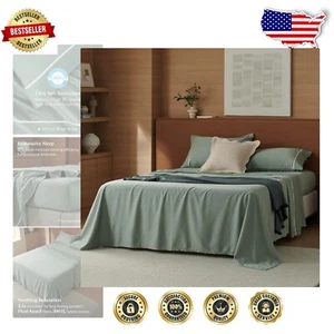 Luxury Cooling Double Stitch Cotton Tencel Sheets - California King, Sage Green - Picture 1 of 8