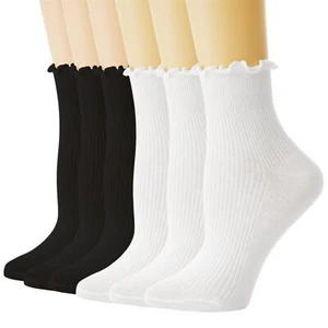 Womens Ruffle Socks 6 Pairs Turn-Cuff Crew Socks Cotton Frilly Ankle Socks Wh... - Picture 1 of 7