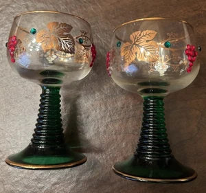 Bockling Roemer Wein 4,5" Glas Bienenstock grüner Stiel Germany Strass 2er Set - Bild 1 von 5