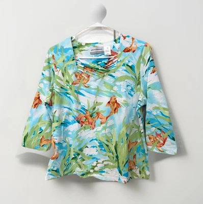 Alfred Dunner Women’s Shirt M P Fish Print Sequin Long Sleeve Colorful Tropical - Image 1 of 4