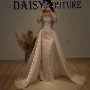 Lily Glitter Party Dress A-Line Off Shoulder Evening Dress with Sequins Pleated - Picture 1 of 13