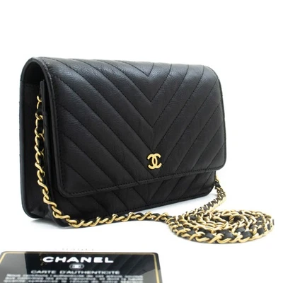 ab2 CHANEL Authentic V-Stitch Calfskin Wallet On Chain WOC Chain Shoulder Bag - Image 1 of 4