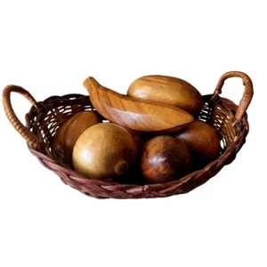 Vintage Basket of Wooden Fruit and Vegetables 7 Pieces Mid Century Modern Rustic - Picture 1 of 2