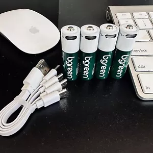 Bgreen 4pack AA Lithium USB Rechargeable Batteries 1.5V 3400mWh, w/Charger Cable - Picture 1 of 8
