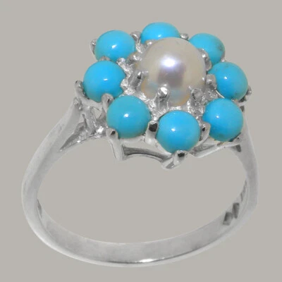 Solid 925 Sterling Silver Pearl & Turquoise Womens Cluster Ring - Sizes 4 to 12 - Image 1 of 4
