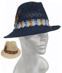 Hombre Mujer Paja Trilby Fedora Sombrero Embalable Ajustable Azul Marino o Natural - Imagen 1 de 7