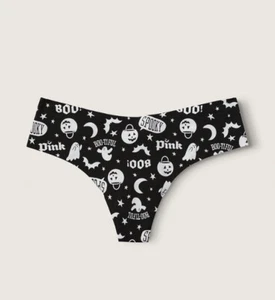 Vs Victorias Secret Pink No-Show Thong Panty Underwear Pure Black Halloween S - Picture 1 of 2