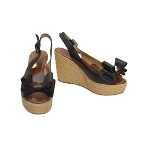 Valentino Rockstud Black Leather Bow Wedge Slingback Platform Shoes Size 36 - Picture 1 of 9