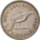 New Zealand Coin 6 Pence | Queen Elizabeth Ii | Huia Bird | 1953 - 1965