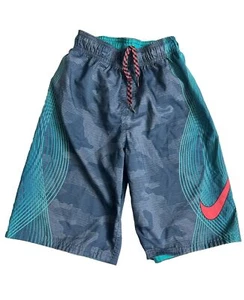 NIKE Shorts Boys Youth MEDIUM Blue Green Swoosh Board Shorts Swim Trunks EUC Q - Picture 1 of 5