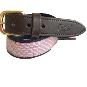 Cinturón de cuero marrón Vineyard Vines de lona ballenas para hombre talla 28 Shep Ian azul rosa - Imagen 1 de 11