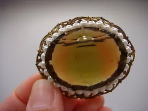 VINTAGE BROSCHE BRAUN GLASIMITAT QUARZ OVAL KUNSTPERLEN TSCHECHISCH DEUTSCH NACHLASS - Bild 1 von 13