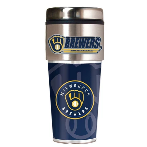 MILWAUKEE BREWERS 16 OZ STAINLESS STEEL COFFEE TRAVEL MUG WITH METAL EMBLEM Cover