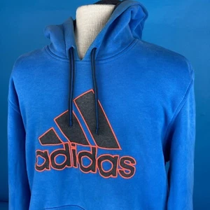 Mens Medium ADIDAS BLUE PULLOVER HOODIE SWEATSHIRT EMBROIDERED ORANGE LOGO - Picture 1 of 9