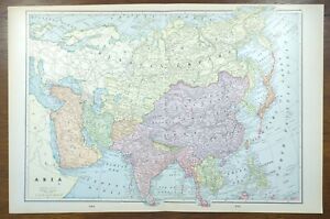 Vintage 1903 ASIA Map 22"x14" ~ Old Antique Original BHUTAN TIBET NEPAL INDIA